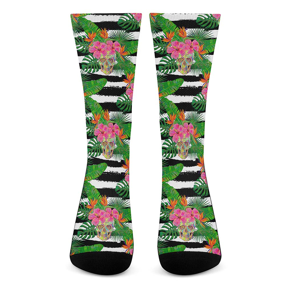 Aloha Skull Striped Pattern Print Crew Socks