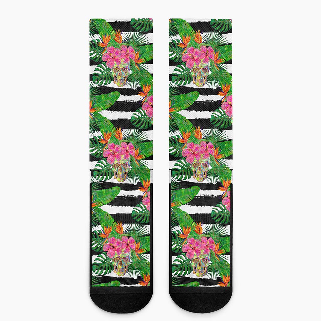 Aloha Skull Striped Pattern Print Crew Socks