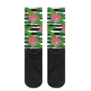 Aloha Skull Striped Pattern Print Crew Socks