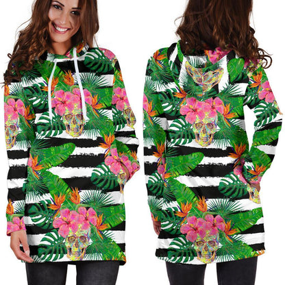 Aloha Skull Striped Pattern Print Hoodie Dress GearFrost