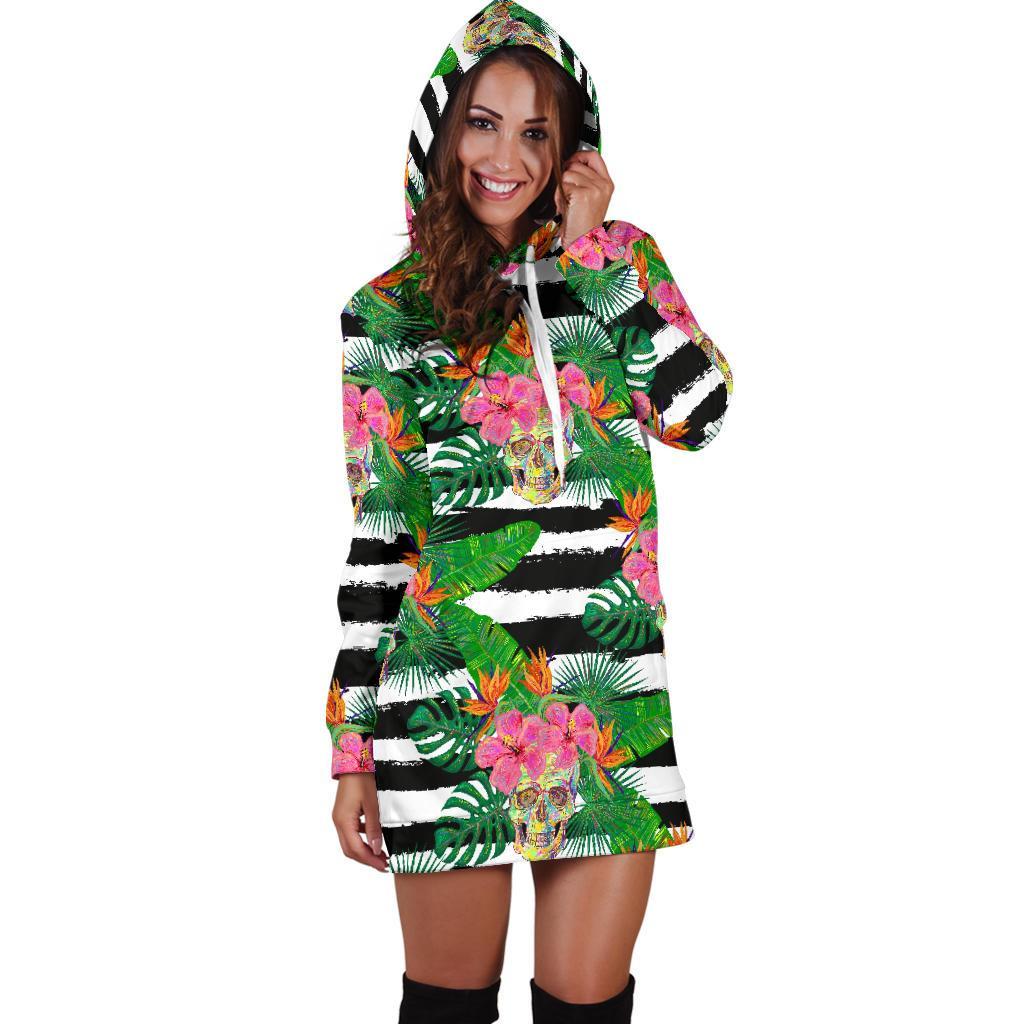 Aloha Skull Striped Pattern Print Hoodie Dress GearFrost