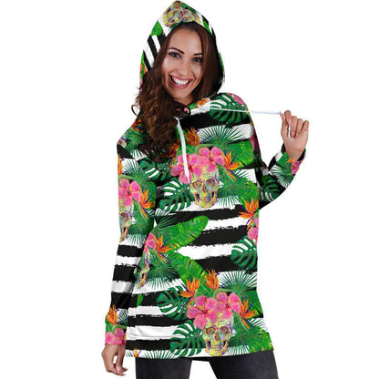 Aloha Skull Striped Pattern Print Hoodie Dress GearFrost