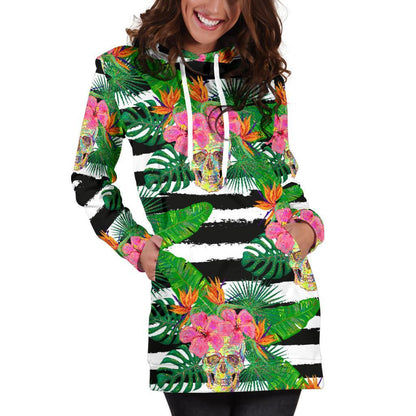 Aloha Skull Striped Pattern Print Hoodie Dress GearFrost