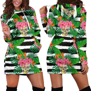 Aloha Skull Striped Pattern Print Hoodie Dress GearFrost