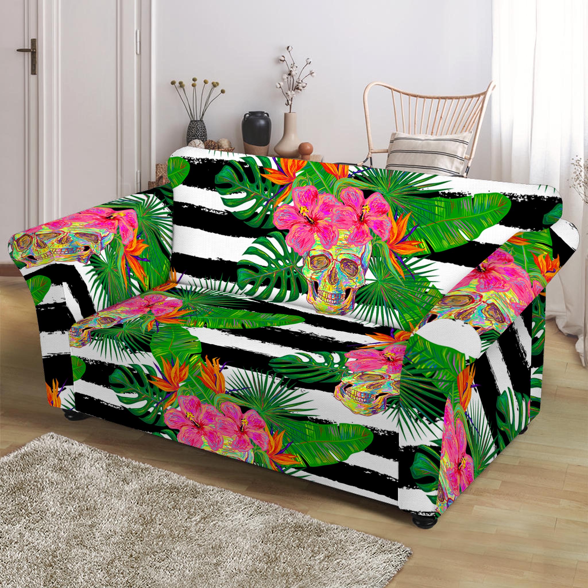 Aloha Skull Striped Pattern Print Loveseat Slipcover