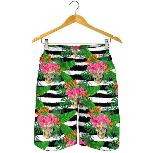 Aloha Skull Striped Pattern Print Men's Shorts