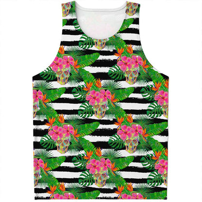 Aloha Skull Striped Pattern Print Men's Tank Top