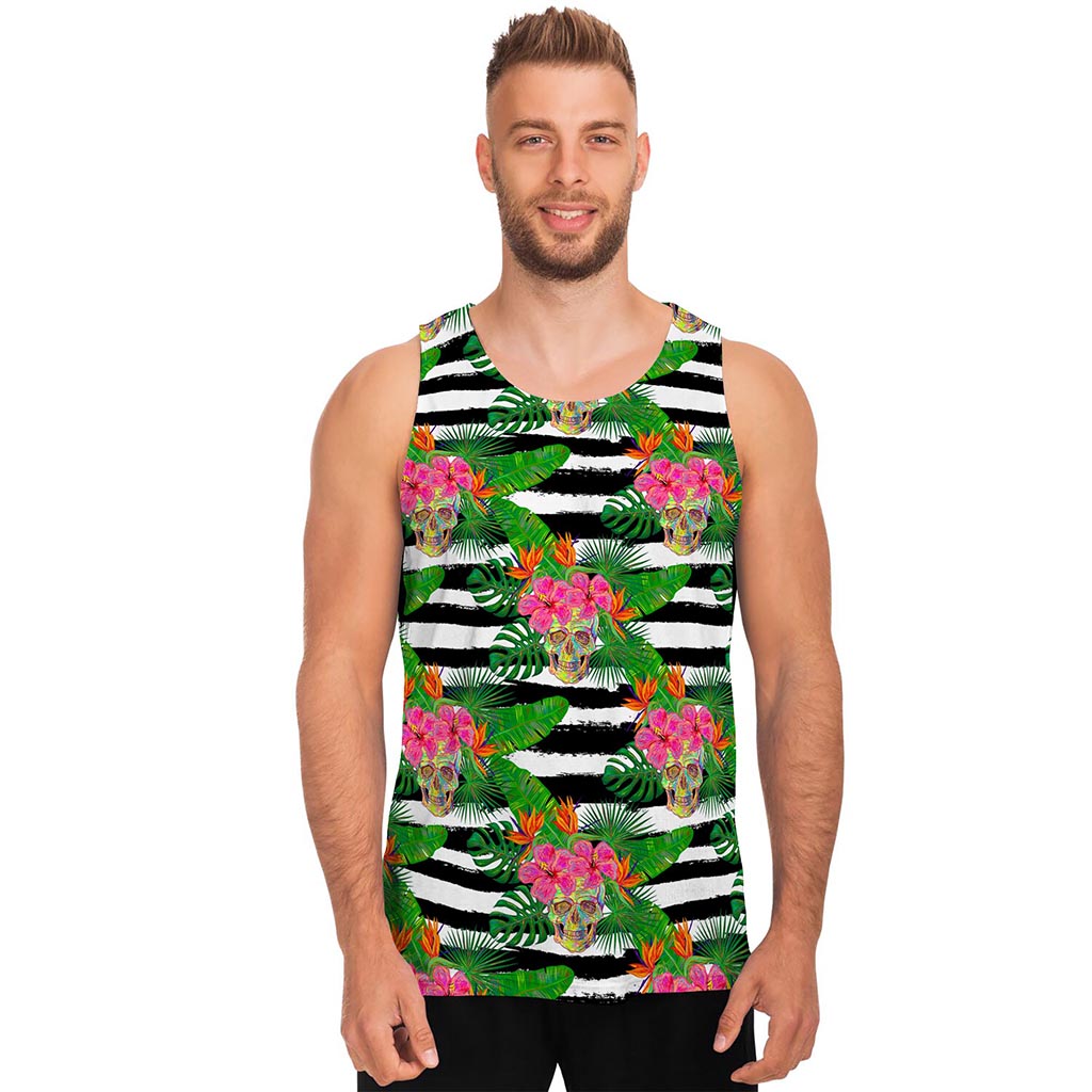 Aloha Skull Striped Pattern Print Men's Tank Top
