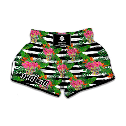 Aloha Skull Striped Pattern Print Muay Thai Boxing Shorts