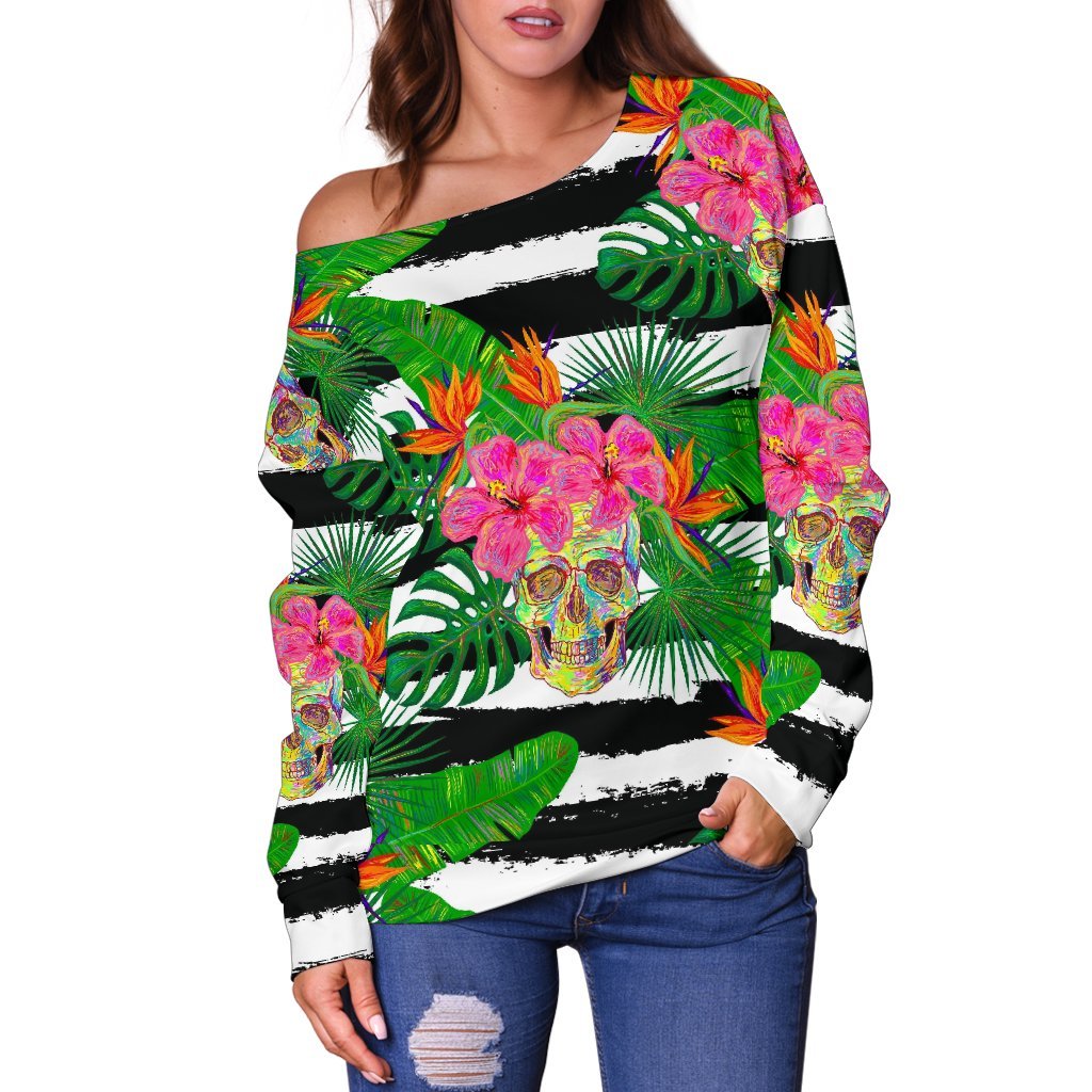 Aloha Skull Striped Pattern Print Off Shoulder Sweatshirt GearFrost
