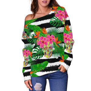 Aloha Skull Striped Pattern Print Off Shoulder Sweatshirt GearFrost