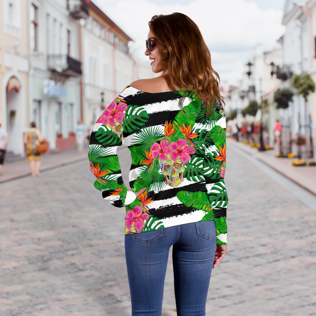 Aloha Skull Striped Pattern Print Off Shoulder Sweatshirt GearFrost
