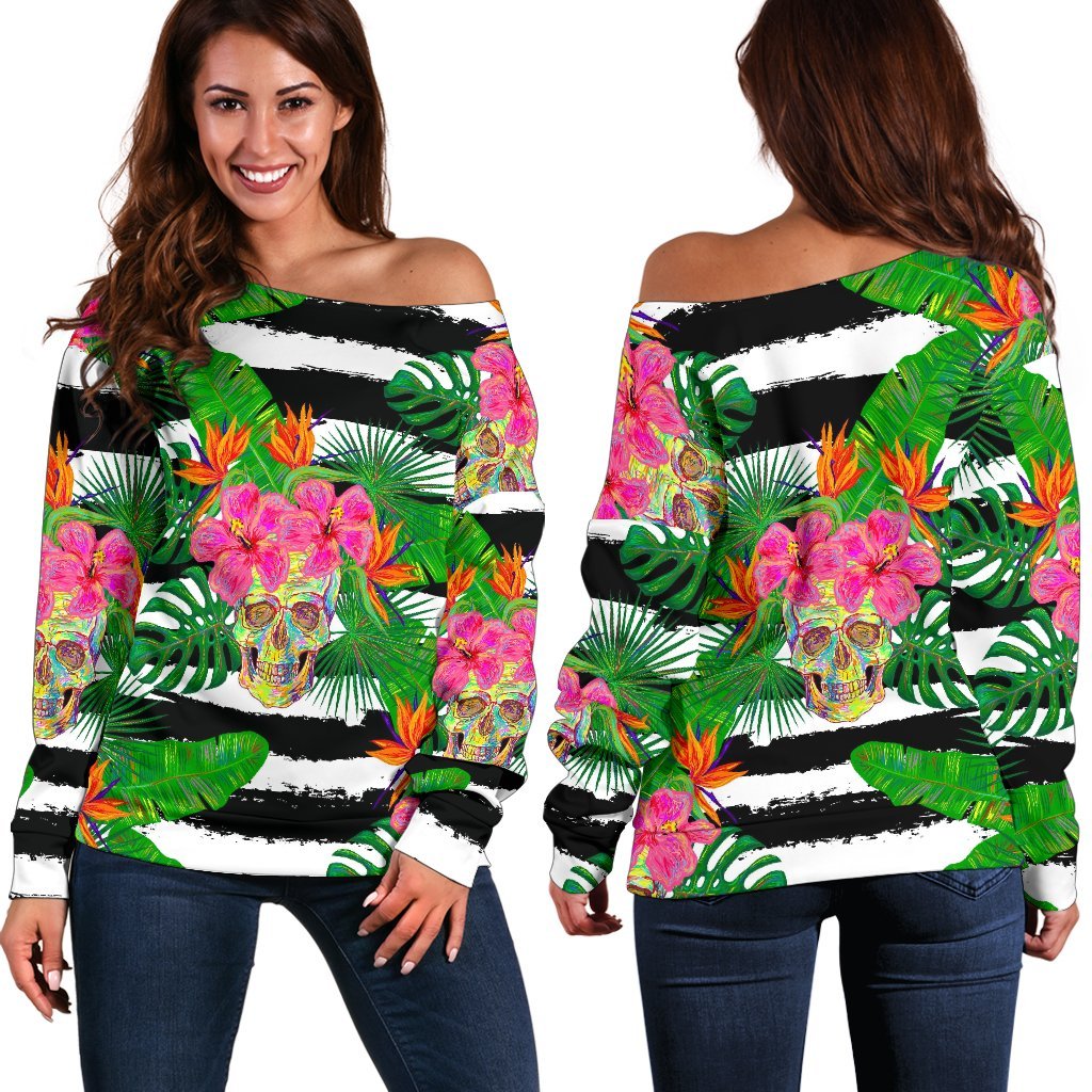 Aloha Skull Striped Pattern Print Off Shoulder Sweatshirt GearFrost