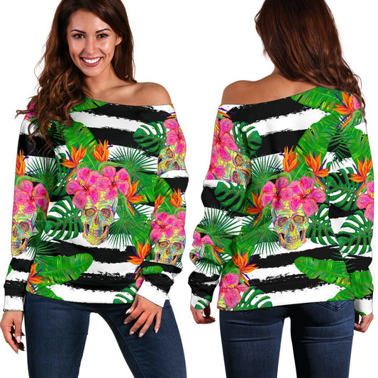 Aloha Skull Striped Pattern Print Off Shoulder Sweatshirt GearFrost