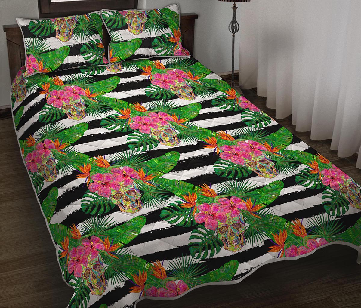 Aloha Skull Striped Pattern Print Quilt Bed Set