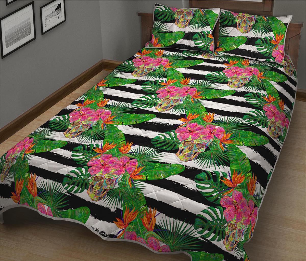 Aloha Skull Striped Pattern Print Quilt Bed Set