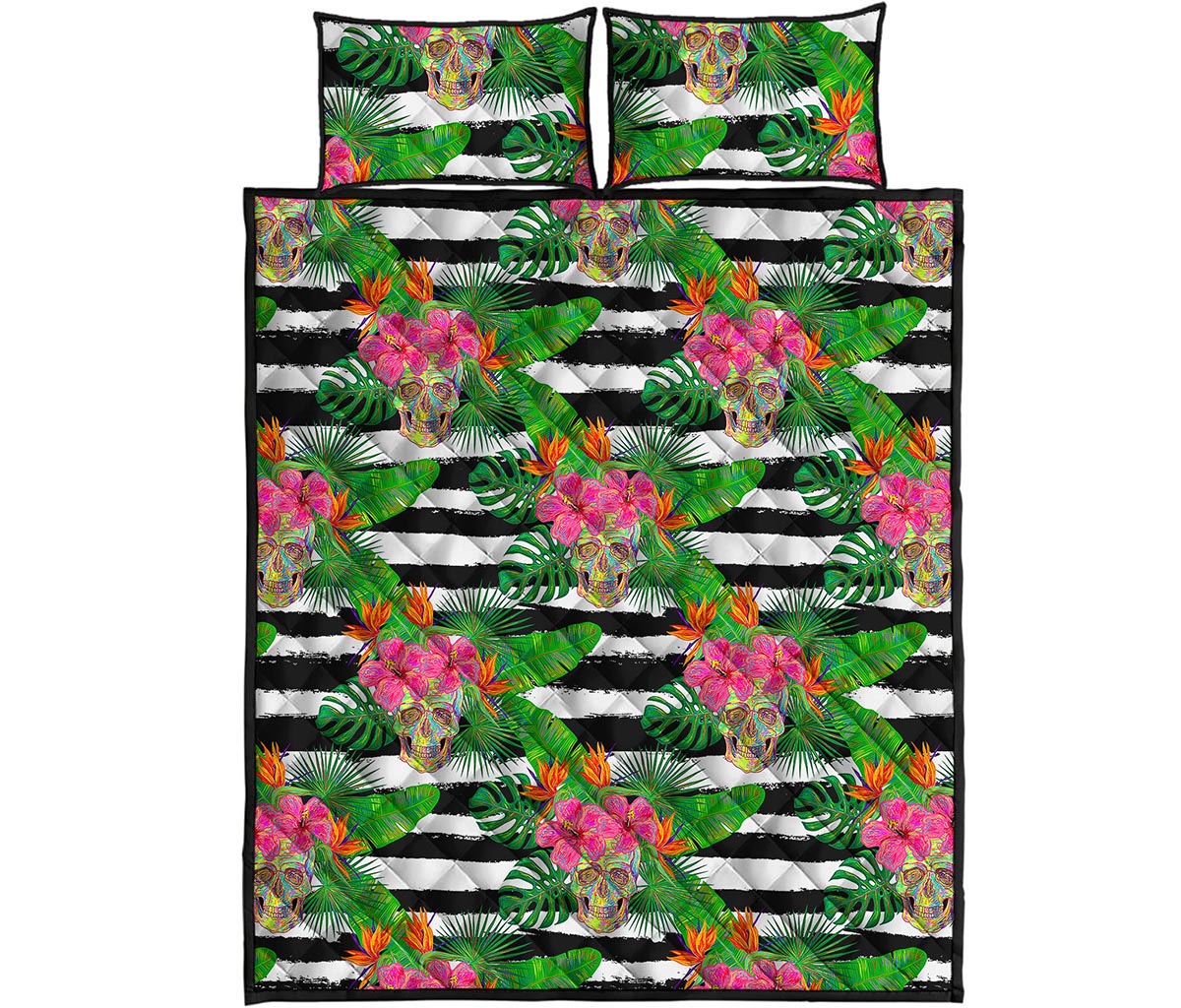 Aloha Skull Striped Pattern Print Quilt Bed Set