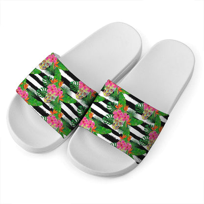 Aloha Skull Striped Pattern Print White Slide Sandals