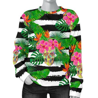 Aloha Skull Striped Pattern Print Women's Crewneck Sweatshirt GearFrost