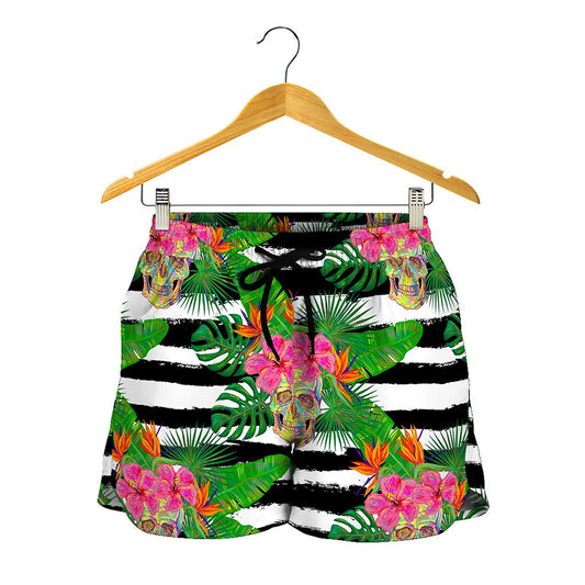 Aloha Skull Striped Pattern Print Women's Shorts