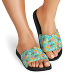Aloha Summer Pineapple Pattern Print Black Slide Sandals