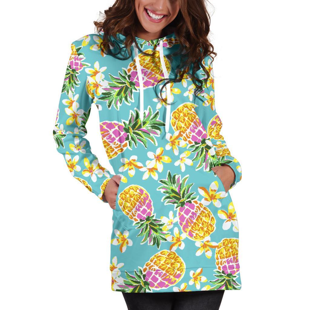 Aloha Summer Pineapple Pattern Print Hoodie Dress GearFrost