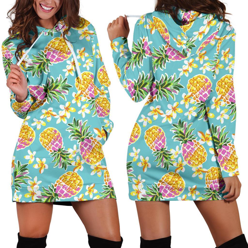 Aloha Summer Pineapple Pattern Print Hoodie Dress GearFrost