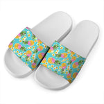 Aloha Summer Pineapple Pattern Print White Slide Sandals