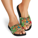 Aloha Tiki Print Black Slide Sandals