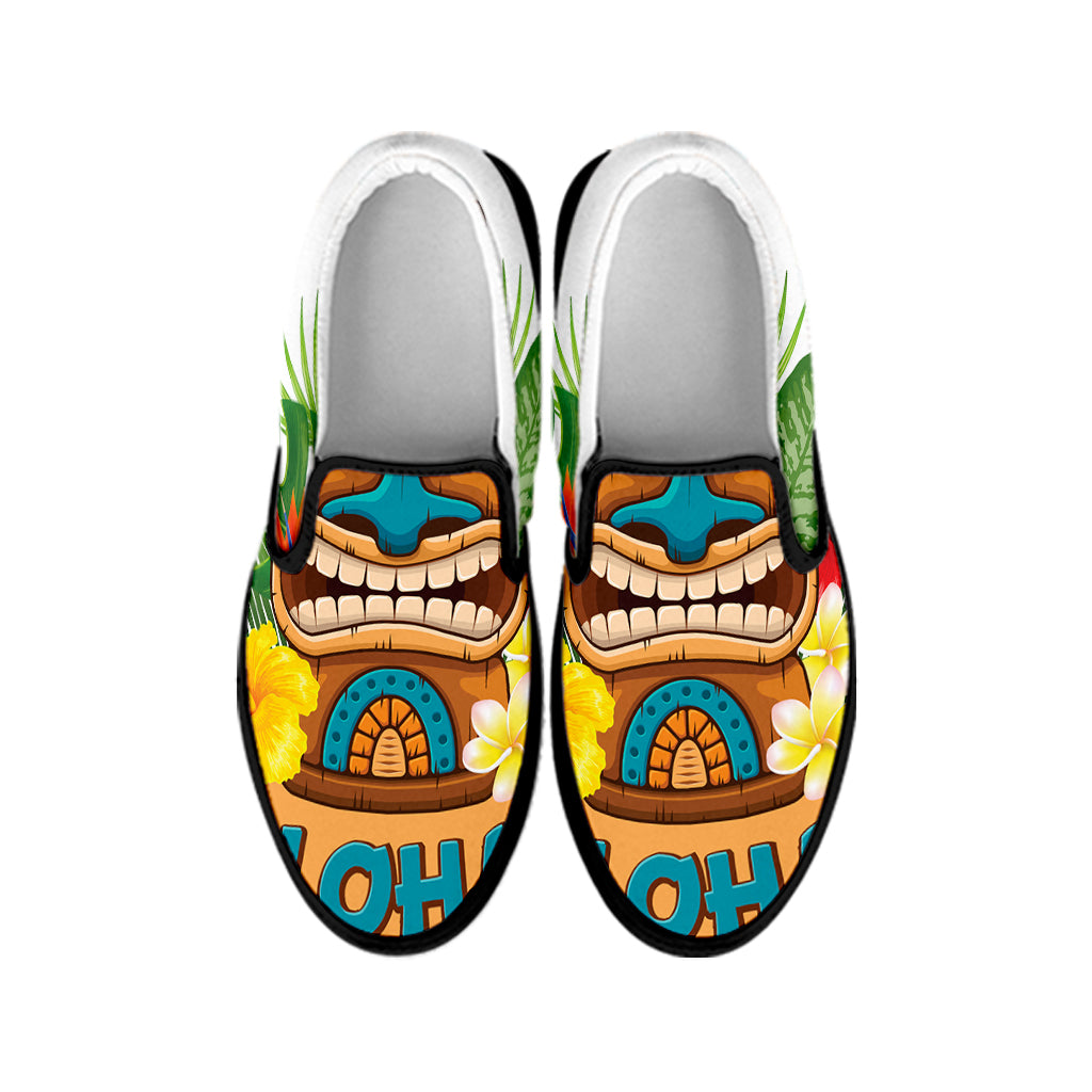Aloha Tiki Print Black Slip On Shoes