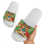 Aloha Tiki Print White Slide Sandals