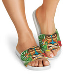 Aloha Tiki Print White Slide Sandals