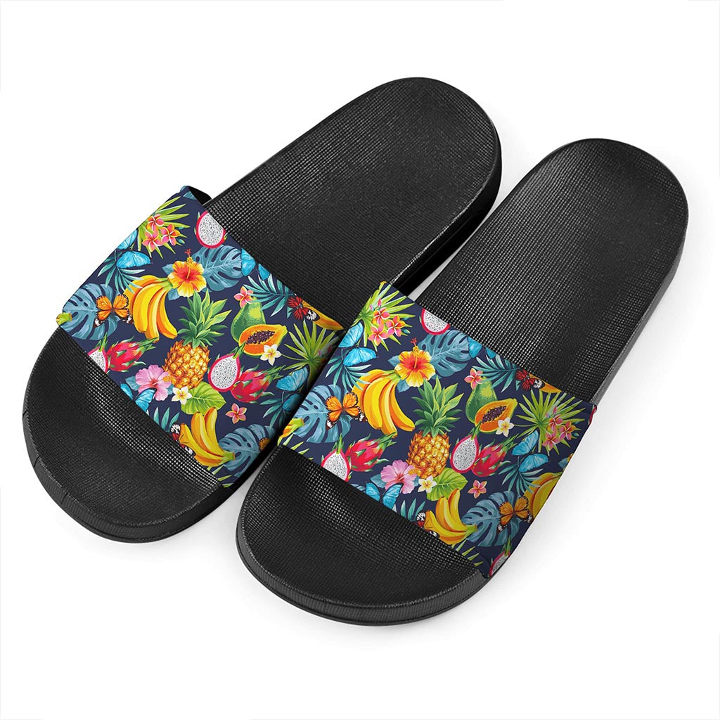 Aloha Tropical Fruits Pattern Print Black Slide Sandals