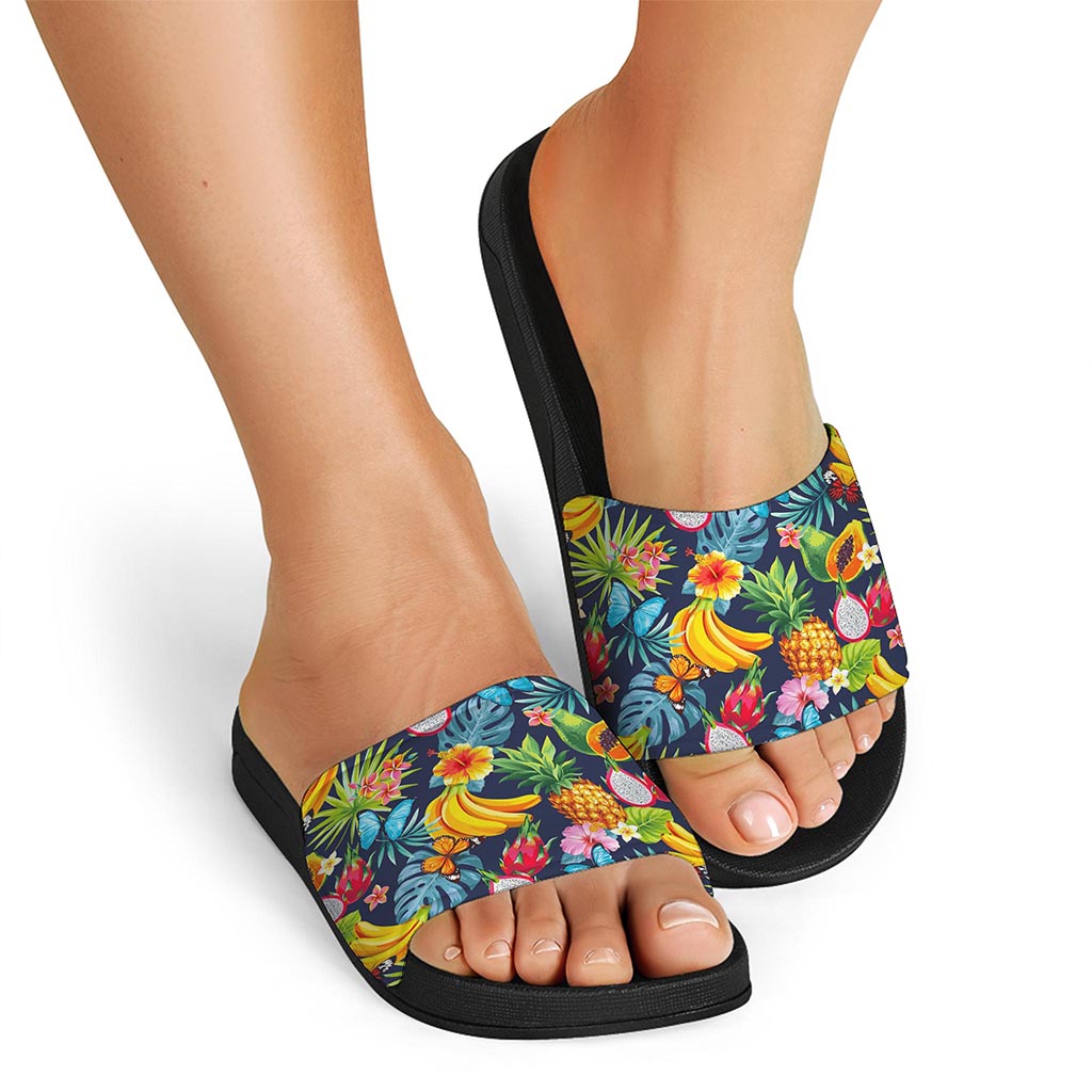 Aloha Tropical Fruits Pattern Print Black Slide Sandals
