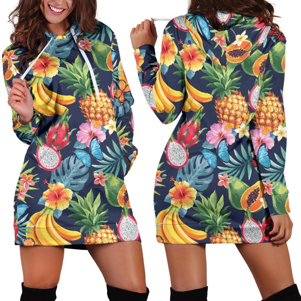 Aloha Tropical Fruits Pattern Print Hoodie Dress GearFrost