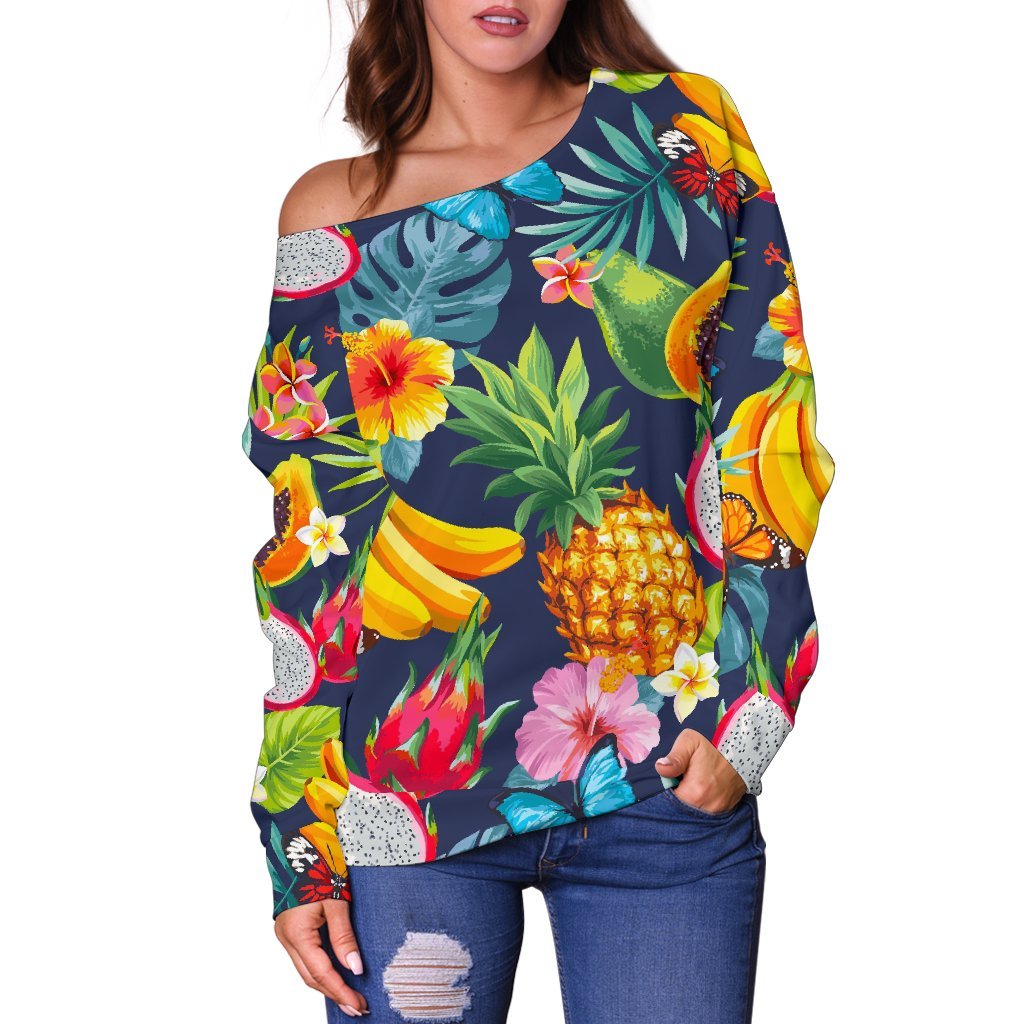 Aloha Tropical Fruits Pattern Print Off Shoulder Sweatshirt GearFrost