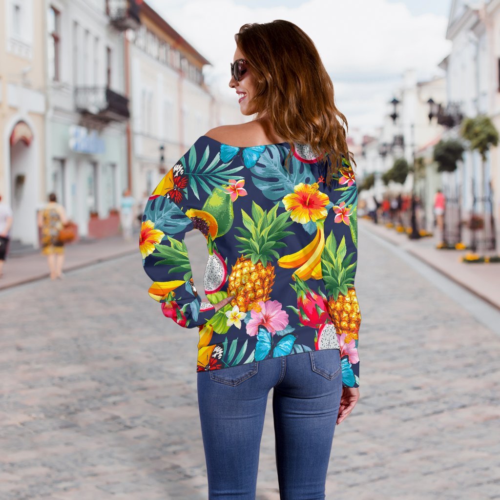 Aloha Tropical Fruits Pattern Print Off Shoulder Sweatshirt GearFrost