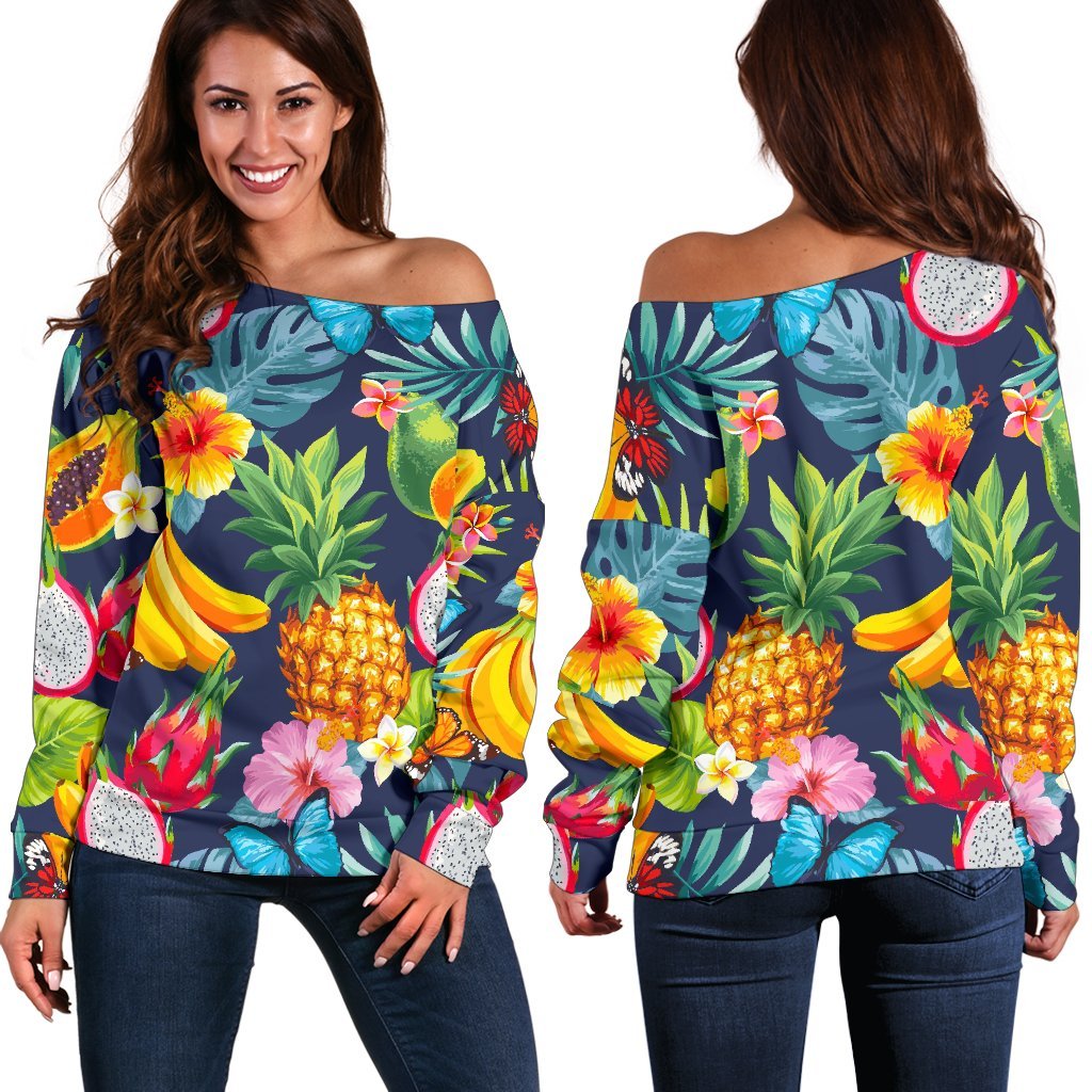 Aloha Tropical Fruits Pattern Print Off Shoulder Sweatshirt GearFrost