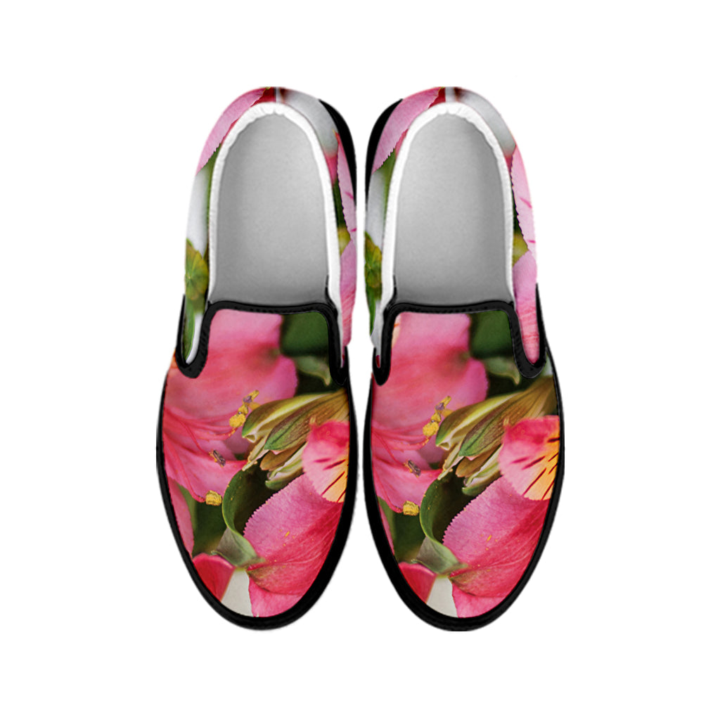 Alstroemeria Flower Print Black Slip On Shoes