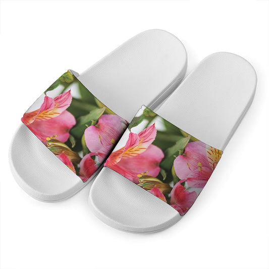 Alstroemeria Flower Print White Slide Sandals