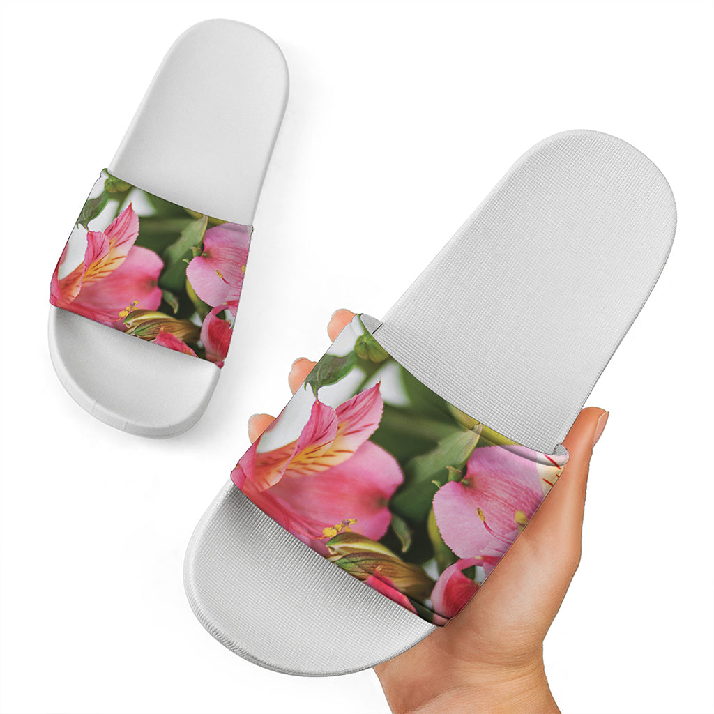 Alstroemeria Flower Print White Slide Sandals