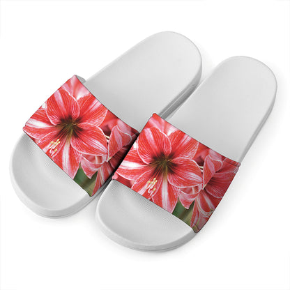 Amaryllis Flower Print White Slide Sandals