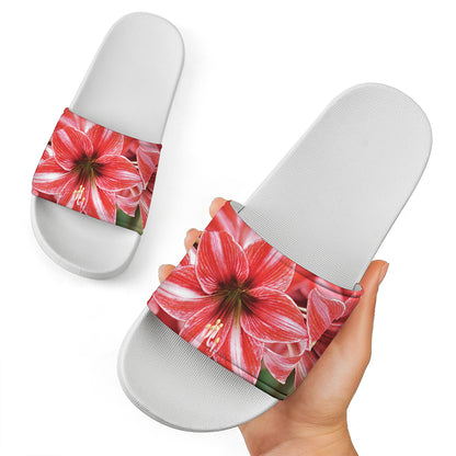Amaryllis Flower Print White Slide Sandals