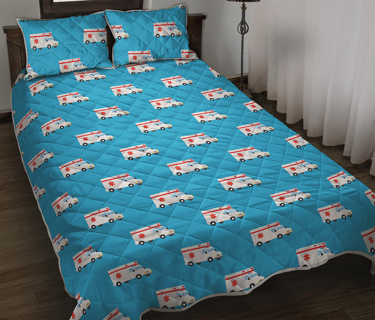 Ambulance Paramedic Car Pattern Print Quilt Bed Set