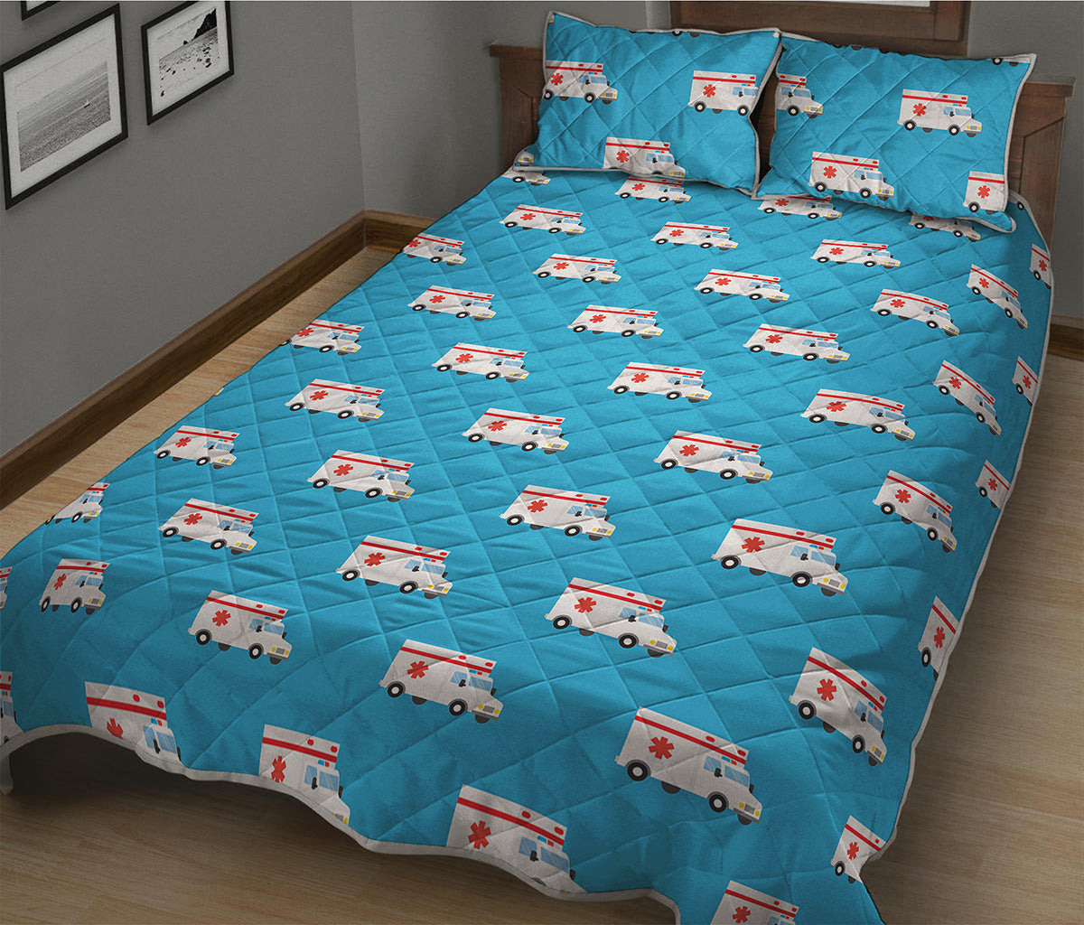 Ambulance Paramedic Car Pattern Print Quilt Bed Set