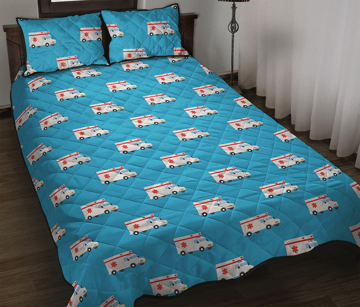 Ambulance Paramedic Car Pattern Print Quilt Bed Set