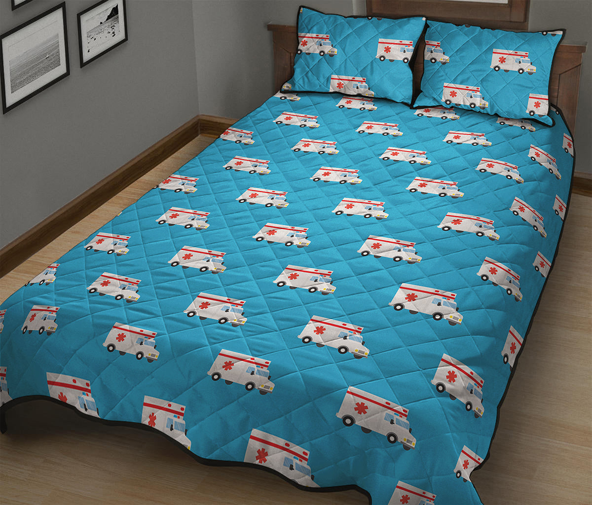 Ambulance Paramedic Car Pattern Print Quilt Bed Set