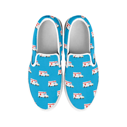 Ambulance Paramedic Car Pattern Print White Slip On Shoes