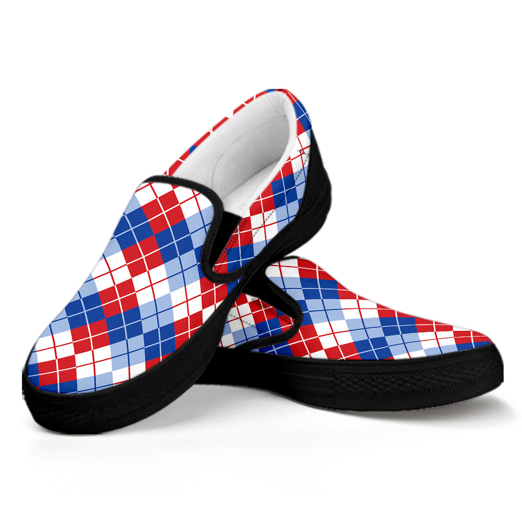 American Argyle Pattern Print Black Slip On Shoes