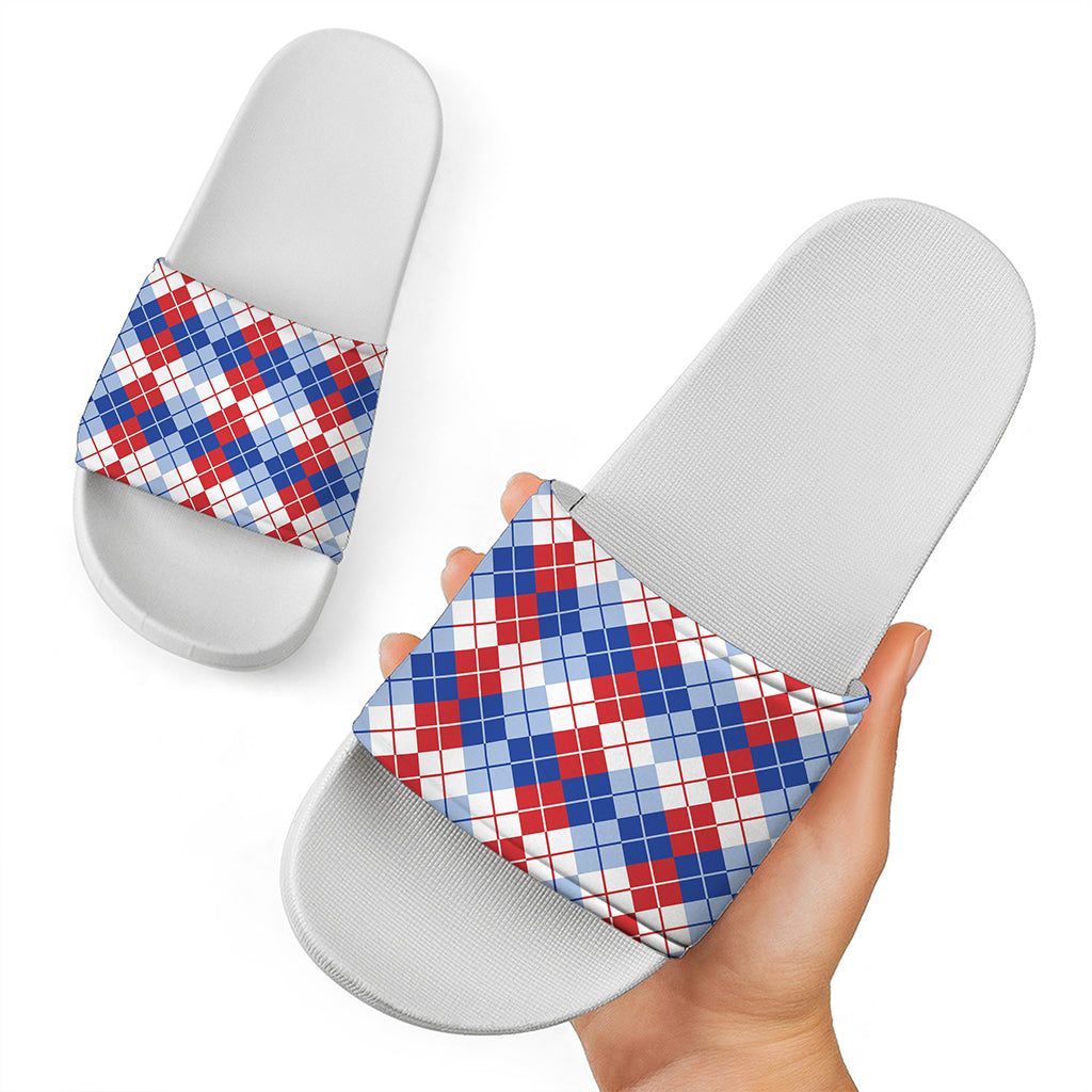 American Argyle Pattern Print White Slide Sandals